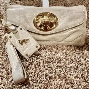 Elegant Cream Leather Clutch/Wristlet with Gold Accents